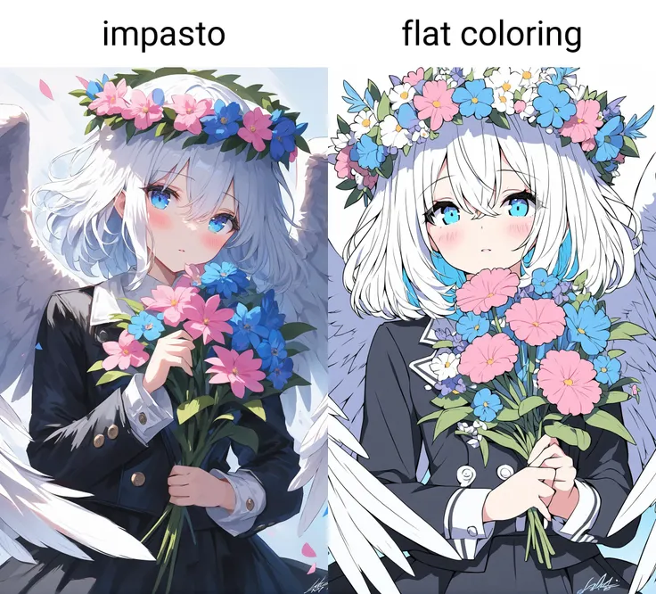 masterpiece,impasto,1girl,solo,blue eyes,flower,head wreath,wings,looking at viewer,white hair,pink flower,feathered wings,long sleeves,angel wings,shirt,white shirt,jacket,white wings,blush,parted lips,holding,blue flower,hair between eyes,white flower,black jacket,skirt,flower wreath,black skirt,signature,short hair,frills,buttons,medium hair,