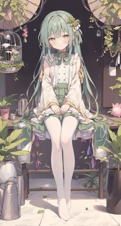 plant, potted_plant, 1girl, birdcage, cage, watering_can, long_hair, solo, very_long_hair, tanabata, vines, leaf, ivy, long_sleeves, white_legwear, green_eyes, pantyhose, palm_tree, bamboo