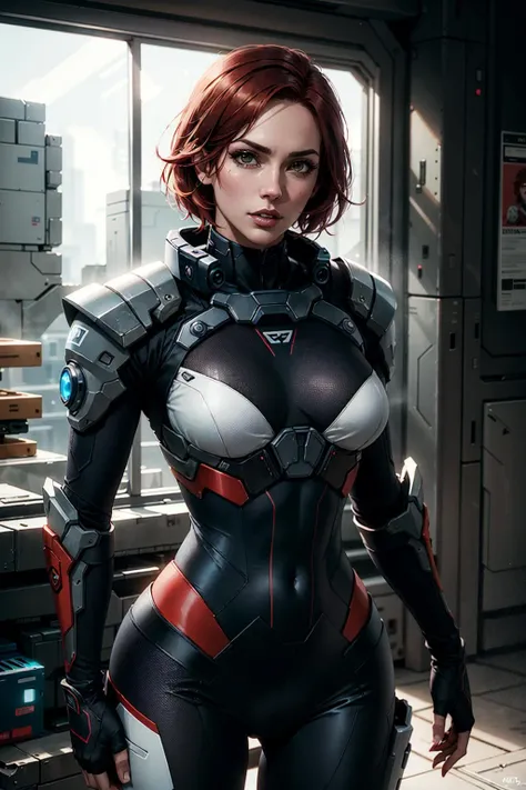 cowboy shot of commander shepherd, weapon on back, medium Breast, red hair, mass effect, cinematic