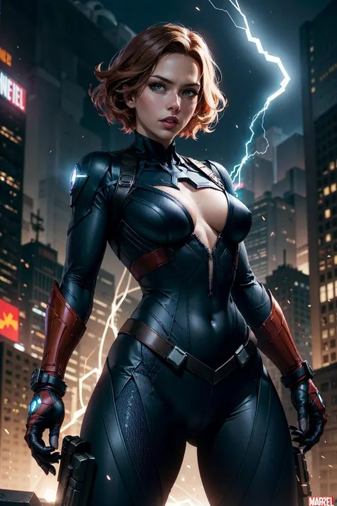 cowboy shot of black widow, black bodysuit, combat suit, electric hands, Marvel Avengers, cinematic background