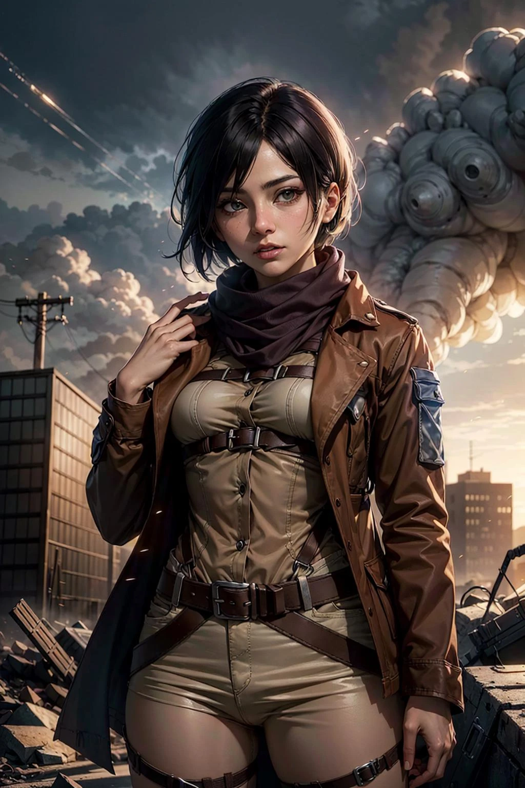 Cowboy shot of mikasa ackerman, scarf, medium breasts, adjusting scarf, shingeki no kyojin, apocalyptic background