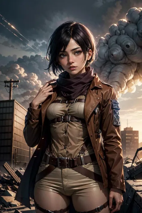 Cowboy shot of mikasa ackerman, scarf, medium breasts, adjusting scarf, shingeki no kyojin,  apocalyptic background