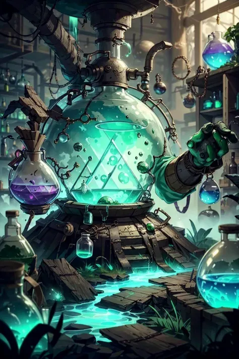 <lora:AlchemyPunkAI:.9> AlchemyPunkAI, green Collectible, messy environment, chaotic background