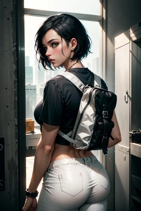 cowboy shot of faith connors, short hair, black hair, black top, white pant, one strap backpack, mirror's edge, cinematic background