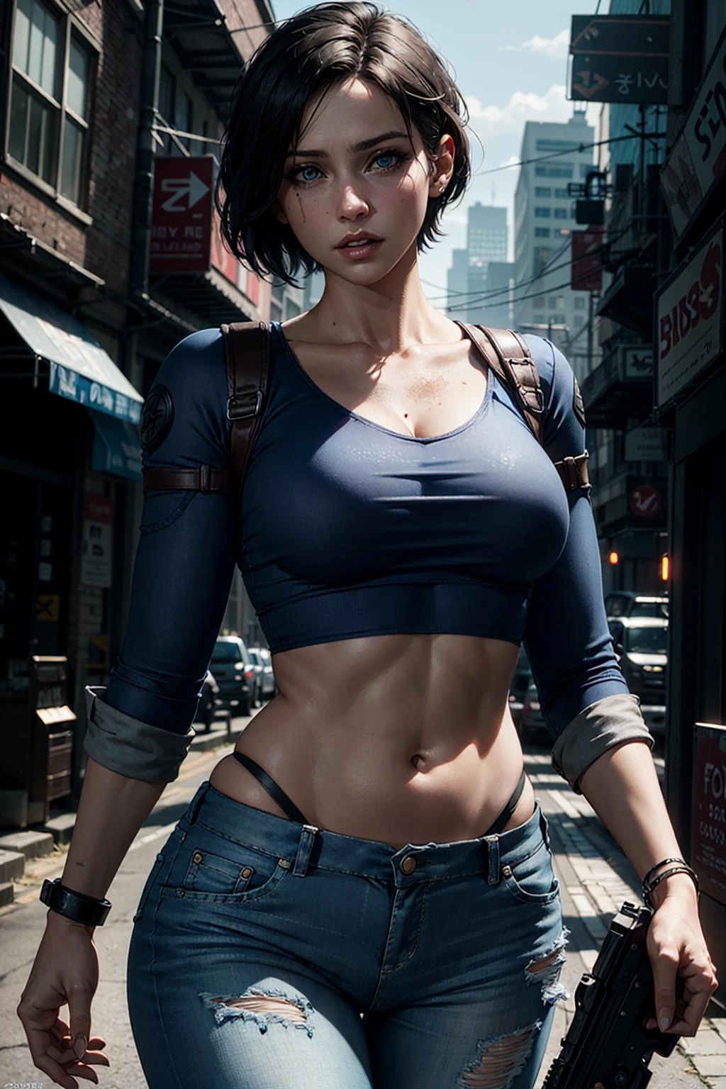 Cowboy shot of jill valentine, short hair, blue top, jean pant, resident evil, zombie apocalypse background