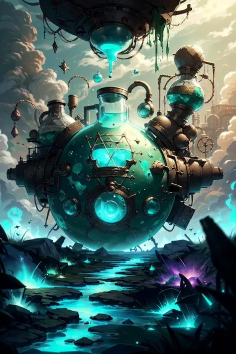 <lora:AlchemyPunkAI:.9> AlchemyPunkAI, green Shield, messy environment, chaotic background