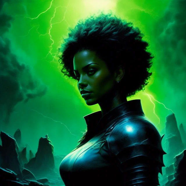 <lora:Black_Women:0.91> <lora:novel_bright:0.8> j4da_v2, (Comic book art :1.3), Comic art, graphic novel illustration, BREAK portrait, solo, from front, front view, half shot, detailed background, detailed face, (<lora:Lightning:0.6>, lightning theme:1.1), champion, malevolent, sinister smirk, intimidating aura, dark clothes, studded armor, evil spiked crown, mysterious floating particles, rocks, bats in background, desolate landscape in background, dark atmosphere, stormclouds,