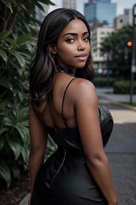 raw photo, j4da_v2, from behind, looking over shoulder, very dark skin, makeup, realistic skin texture, warm lighting, outdoors
