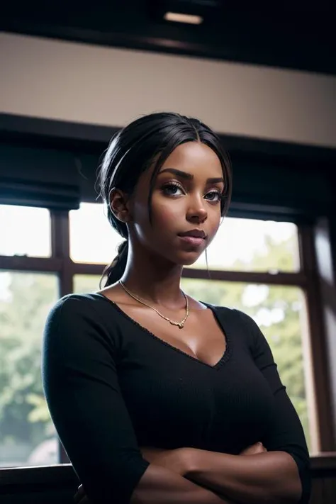 cinematic film still, a photorealistic image of j4da_v2 standing in an ornate office, (very dark skin:1.5), shallow depth of field, vignette, highly detailed, high budget Hollywood movie, bokeh, cinemascope, moody, epic, gorgeous, film grain, grainy