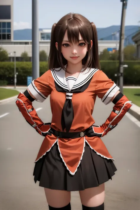 (masterpiece, best quality:1.2), <lyco:kancolle_sendai-10:1.0>, cowboy shot, solo, 1girl, sendai, smile, looking at viewer, hand on hip, two side up, school uniform, serafuku, neckerchief, skirt, elbow gloves