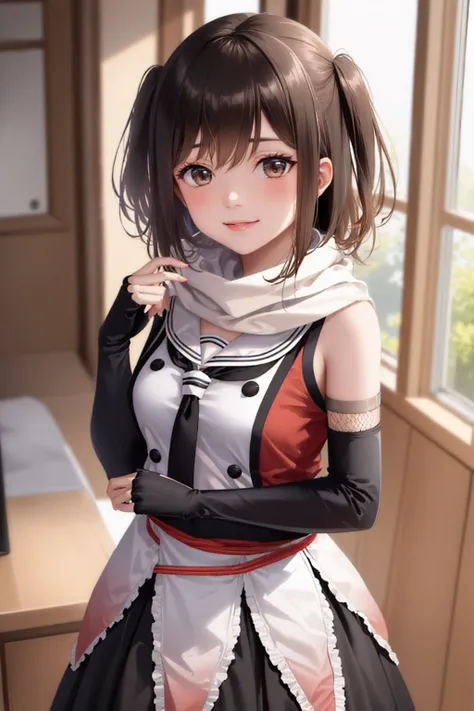 (masterpiece, best quality:1.2), <lyco:kancolle_sendaikaini-10:1.0>, cowboy shot, solo, 1girl, sendai kai ni, smile, looking at viewer, wading, two side up, hair ornament, school uniform, serafuku, black neckerchief, black skirt, elbow gloves, fingerless gloves, white scarf