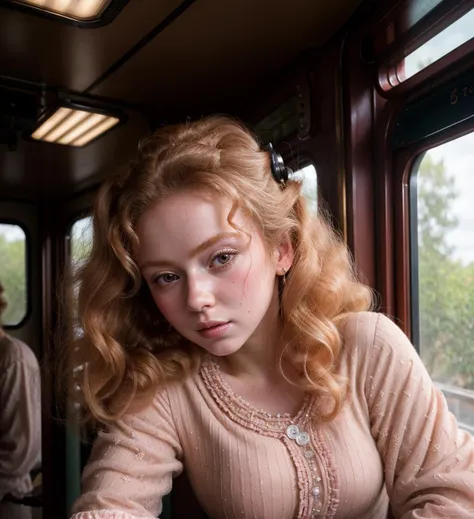 photorealistic, masterpiece, best quality, francap <lora:FrancescaCapaldiv01:1>, blush, blonde curly hair, solo, vintage train, long sleeve dress, finely detailed skin, photograph, high resolution, 8k, realistic, photo, depth of field