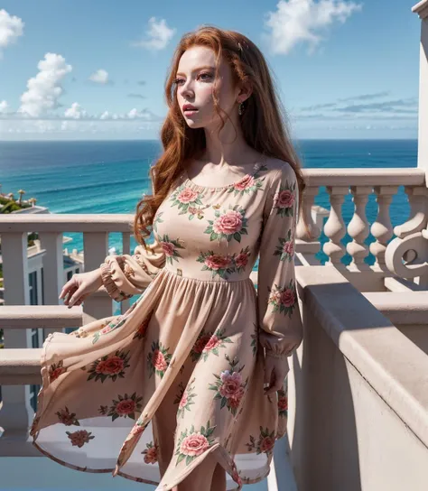 photo realistic, masterpiece, best quality, francap <lora:FrancescaCapaldiv01:1>, eyeliner, solo, on a balcony seeing the ocean, long sleeves flower dress, photograph, high resolution, 8k, realistic, photo, depth of field