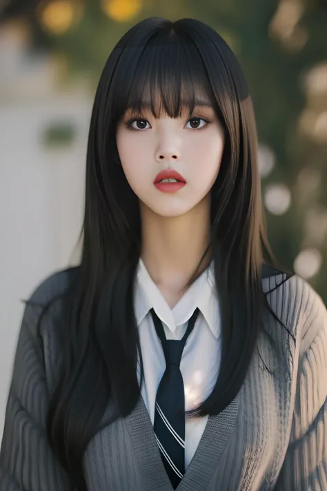 Deep photo, depth of field, analog camera, high contrast, shadows, portrait of a beautiful girl,(bangs:1.2), long hair, school uniform, cardigan, tie, accessories, grainy, dimly, elegant pose,bokeh,  <lora:MoonByulV1-10:0.8>,
