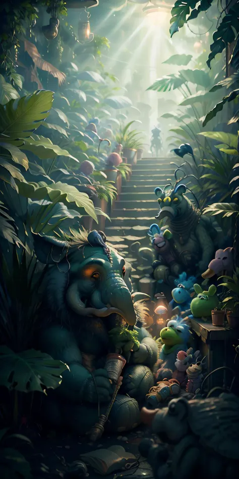 avatar jungle, fluorescent lighting plants, neon elephant, hyperrealistic style, highly detailed, ultra-detailed, cinematic lighting, photography, Hyperrealistic, perfection, octane render,  <lora:Muppets:1> muppetmaniaai