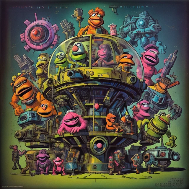 60s scifi ink comic by Jack Kirby, A complex machine, <lora:Muppets:0.88> muppetmaniaai
