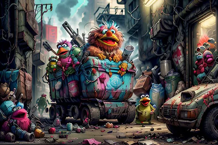 <lora:Muppets:1> concept art (MuppetManiaAI garbage_truck:1.1) with a pintle-mounted machine gun, on a dirty cyberpunk sesame street, (industrial:0.8), (gritty:1.1), worn, weathered,
