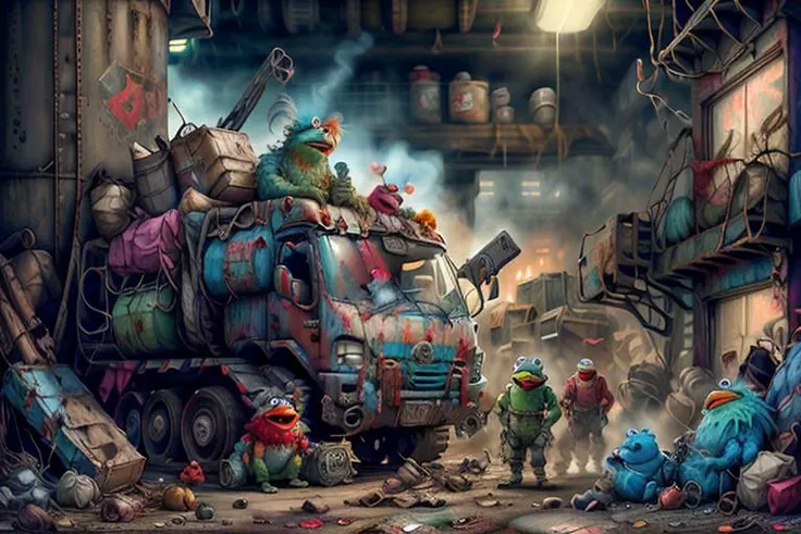 <lora:Muppets:1> concept art (MuppetManiaAI garbage_truck:1.1), pintle-mounted machine gun, (industrial:0.8), (gritty:1.1), dirty, grimy, worn, weathered, rundown cyberpunk sesame street