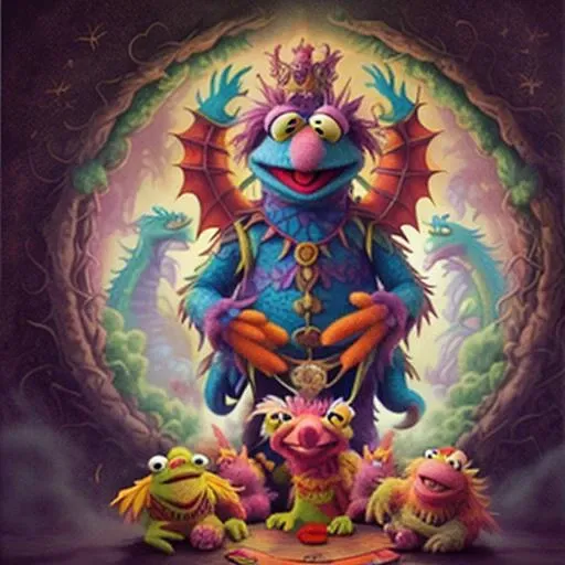 <lora:Muppets:0.5>, MUPPETMANIAAI:0.1, a muppet dragon, dragon is a muppet, muppet is a dragon