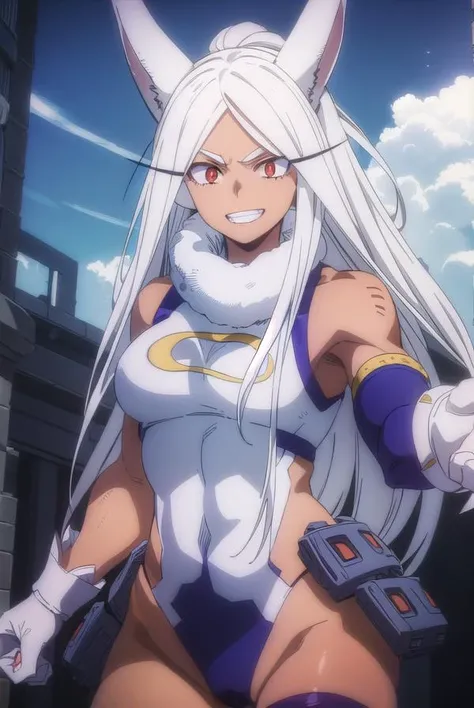 mirko, <lora:rumi usagiyama s6-lora-nochekaiser:1>,
rumi usagiyama, (mirko:1.2), long hair, animal ears, white hair, dark skin, rabbit ears, dark-skinned female, muscular, rabbit girl, muscular female, (red eyes:1.5), (parted bangs:1.5), teeth, grin,
BREAK thighhighs, gloves, sleeveless, white gloves, leotard, turtleneck, highleg, highleg leotard, fur collar, sleeveless turtleneck, turtleneck leotard, sleeveless turtleneck leotard, crescent print,
BREAK outdoors, city, sun, sky, clouds,
BREAK looking at viewer, (cowboy shot:1.5),
BREAK <lyco:GoodHands-beta2:1>, (masterpiece:1.2), best quality, high resolution, unity 8k wallpaper, (illustration:0.8), (beautiful detailed eyes:1.6), extremely detailed face, perfect lighting, extremely detailed CG, (perfect hands, perfect anatomy),