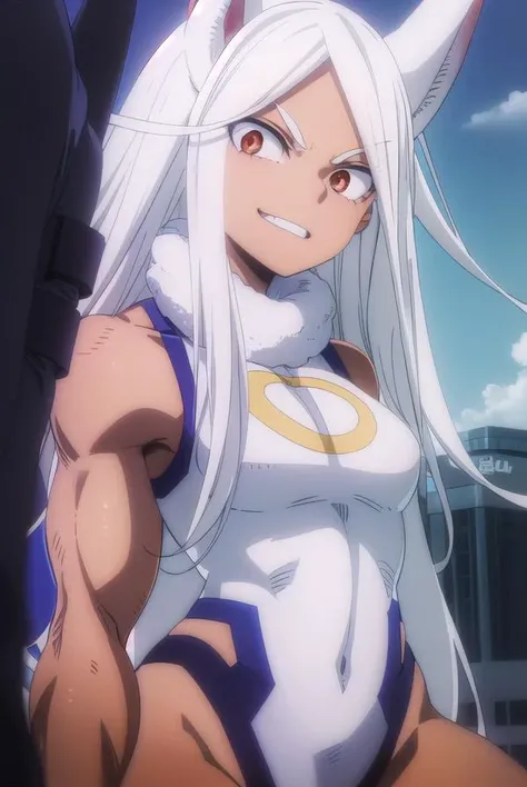 mirko, rumi usagiyama, (mirko:1.2), long hair, animal ears, white hair, dark skin, rabbit ears, dark-skinned female, muscular, rabbit girl, muscular female, (red eyes:1.5), (parted bangs:1.5), teeth, grin,
BREAK sleeveless, fur collar, sleeveless turtleneck, turtleneck leotard, sleeveless turtleneck leotard, crescent print,
BREAK (masterpiece:1.2), best quality, high resolution, (illustration:0.8), (beautiful detailed eyes:1.6), extremely detailed face, extremely detailed CG, (perfect hands, perfect anatomy), 1girl, solo, breasts, looking_at_viewer, smile, cleavage, bare_shoulders, collarbone, sitting, sitting on rock, legs crossed, thick thighs, thong underwear, wide hips, curvy, breasts, large breasts, big breasts, huge breasts, big tits, small bikini, bikini, purple bikini, bare shoulders, bare arms, beach, ocean, underboob, island background, high resolution, beautiful eyes, high quality, ocean background