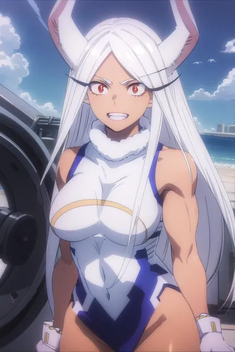 mirko, <lora:rumi usagiyama s6-lora-nochekaiser:1>,
rumi usagiyama, (mirko:1.2), long hair, animal ears, white hair, dark skin, rabbit ears, dark-skinned female, muscular, rabbit girl, muscular female, (red eyes:1.5), (parted bangs:1.5), teeth, grin,
BREAK thighhighs, gloves, sleeveless, white gloves, leotard, turtleneck, highleg, highleg leotard, fur collar, sleeveless turtleneck, turtleneck leotard, sleeveless turtleneck leotard, crescent print,
BREAK outdoors, city, sun, sky, clouds,
BREAK looking at viewer, (cowboy shot:1.5),
BREAK <lyco:GoodHands-beta2:1>, (masterpiece:1.2), best quality, high resolution, unity 8k wallpaper, (illustration:0.8), (beautiful detailed eyes:1.6), extremely detailed face, perfect lighting, extremely detailed CG, (perfect hands, perfect anatomy),