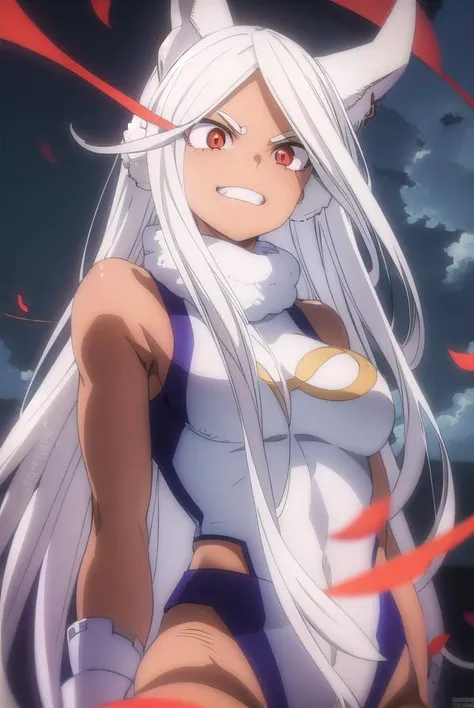 mirko, <lora:rumi usagiyama s6-lora-nochekaiser:1>,
rumi usagiyama, (mirko:1.2), long hair, animal ears, white hair, dark skin, rabbit ears, dark-skinned female, muscular, rabbit girl, muscular female, (red eyes:1.5), (parted bangs:1.5), teeth, grin,
BREAK thighhighs, gloves, sleeveless, white gloves, leotard, turtleneck, highleg, highleg leotard, fur collar, sleeveless turtleneck, turtleneck leotard, sleeveless turtleneck leotard, crescent print,
BREAK outdoors, city, sun, sky, clouds,
BREAK looking at viewer, (cowboy shot:1.5),
BREAK <lyco:GoodHands-beta2:1>, (masterpiece:1.2), best quality, high resolution, unity 8k wallpaper, (illustration:0.8), (beautiful detailed eyes:1.6), extremely detailed face, perfect lighting, extremely detailed CG, (perfect hands, perfect anatomy),