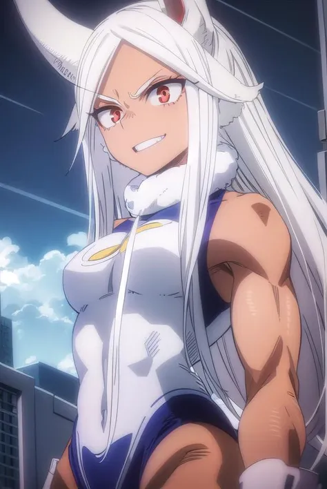 mirko, <lora:rumi usagiyama s6-lora-nochekaiser:1>,
rumi usagiyama, (mirko:1.2), long hair, animal ears, white hair, dark skin, rabbit ears, dark-skinned female, muscular, rabbit girl, muscular female, (red eyes:1.5), (parted bangs:1.5), teeth, grin,
BREAK thighhighs, gloves, sleeveless, white gloves, leotard, turtleneck, highleg, highleg leotard, fur collar, sleeveless turtleneck, turtleneck leotard, sleeveless turtleneck leotard, crescent print,
BREAK outdoors, city, sun, sky, clouds,
BREAK looking at viewer, (cowboy shot:1.5),
BREAK <lyco:GoodHands-beta2:1>, (masterpiece:1.2), best quality, high resolution, unity 8k wallpaper, (illustration:0.8), (beautiful detailed eyes:1.6), extremely detailed face, perfect lighting, extremely detailed CG, (perfect hands, perfect anatomy),