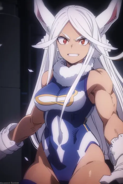 mirko, <lora:rumi usagiyama s6-lora-nochekaiser:1>,
rumi usagiyama, (mirko:1.2), long hair, animal ears, white hair, dark skin, rabbit ears, dark-skinned female, muscular, rabbit girl, muscular female, (red eyes:1.5), (parted bangs:1.5), teeth, grin,
BREAK thighhighs, gloves, sleeveless, white gloves, leotard, turtleneck, highleg, highleg leotard, fur collar, sleeveless turtleneck, turtleneck leotard, sleeveless turtleneck leotard, crescent print,
BREAK outdoors, city, sun, sky, clouds,
BREAK looking at viewer, (cowboy shot:1.5),
BREAK <lyco:GoodHands-beta2:1>, (masterpiece:1.2), best quality, high resolution, unity 8k wallpaper, (illustration:0.8), (beautiful detailed eyes:1.6), extremely detailed face, perfect lighting, extremely detailed CG, (perfect hands, perfect anatomy),