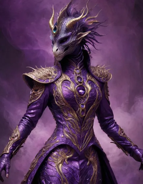 [art by Alex Hirsch: Anne Geddes:7], Digital art, Stone Annoyed (<lora:abysues:0.9> abysues dragonborn:1.3) , wearing extravagant suit with peacock details, The extravagant suit with peacock details with a keyhole neckline, soft focus, Realistic, electric purple and zebra print neon hue, gilded technique, adobe lightroom, photograph, futuristic