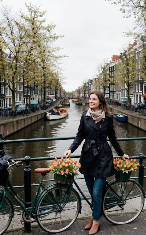 [[[dynamic pose]]], solo-focus, (style of Vivian Maier), [quintessential Dutch charm:Amsterdam's vibrant essence:0.7] cityscape, capturing the unique allure of Amsterdam through the day-to-day elegance of a local. Amidst this picturesque setting, a woman emerges as the embodiment of Amsterdam's soul, seamlessly blending the city's historic grace with its lively, contemporary rhythm. Her attire is a ((stylish yet comfortable ensemble)), perfect for cycling along the city's iconic canals. She dons a tailored, waterproof trench coat that whispers sophistication, paired with practical, chic footwear ideal for navigating the cobblestone streets. Her outfit is complemented by a casual scarf, adding a pop of color, and a classic, sturdy bicycle at her side, equipped with a quaint basket filled with fresh tulips. The backdrop features the charming canal houses of Amsterdam, their gabled facades a testament to the city's rich architectural history, standing tall and elegant along the serene waterways. The scene transitions smoothly into the vibrant tulip fields just outside the city, a sea of colors that captures the essence of Dutch beauty in spring. The composition skillfully intertwines Amsterdam's famed cycling culture, as the woman pauses on a bridge over a canal, her bicycle leaning gently against the railing. She takes in the view, a blend of tradition and modernity, her figure a connecting thread between the city's past and its dynamic present. This moment encapsulates the spirit of Amsterdam, where every turn reveals a new facet of its diverse character, from the tranquility of its waterways to the bloom of its countryside, all seen through the eyes of one who calls it home.