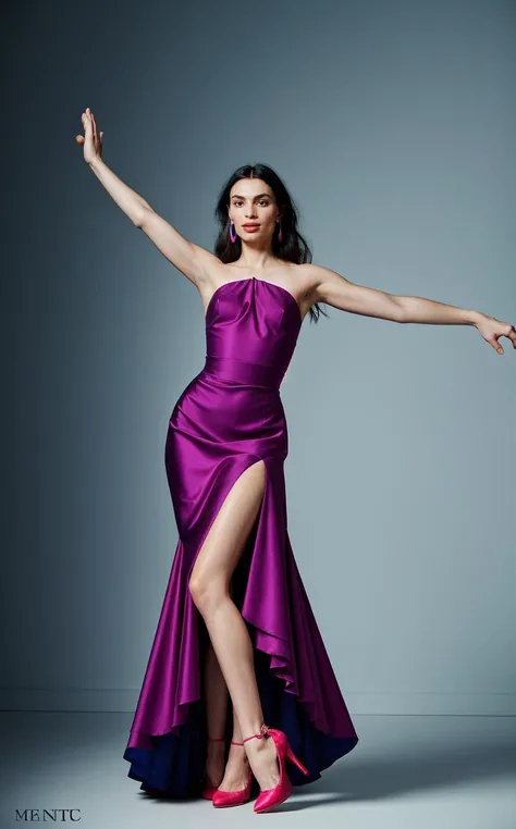[[[dynamic pose]]], solo-focus, ((style of Steven Meisel), flamenco dancer caught in a breathtaking mid-twirl, [flamenco:high-fashion:0.75]:1.3) (magenta and blue high-low dress with sharp geometric patterns, merging traditional flamenco elegance with avant-garde geometry). The fabric, a blend of silk and smart textiles, catches the light, creating a mesmerizing flow of colors that shift with movement. The dress is designed with an asymmetrical hem, shorter in the front to reveal ornate, heeled dance shoes, and elongated in the back for a dramatic silhouette. The dancer's posture is powerful, her arms raised and hands positioned gracefully, evoking a sense of motion even in stillness. Her makeup is bold, with a focus on sharp, winged eyeliner and a deep magenta lip to match her dress, complementing her confident expression. Accessories are minimal, with a focus on a single, statement geometric-shaped earring that dangles, catching the light with every movement. The backdrop is an open-air courtyard under a twilight sky, string lights crisscrossing above, casting a soft, warm glow on the cobbled stones and the faces of the enchanted audience. The atmosphere is electric, a blend of anticipation and joy as the crowd, dressed in an array of colorful, semi-formal attire, watches with admiration.