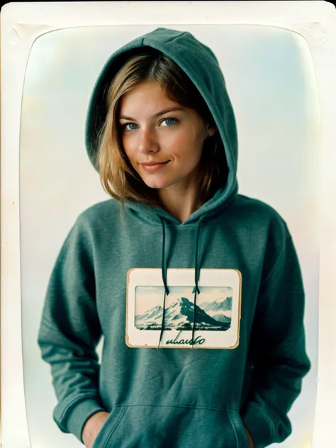 analog close up photo, a cute woman, tanja wearing a hoodie, 22 years old, dirty blonde hair, buff, socks, white background mountain, vintage, faded film, film grain, polaroid