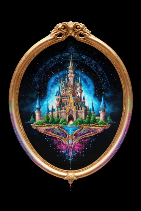 Dynamic view of a holographic magical castle painting, detailed frame, painting looks to be life like, hanging on a wall, magical multicolored ink, high quality, imagination, 8k, fantasy art, vivid magical colors