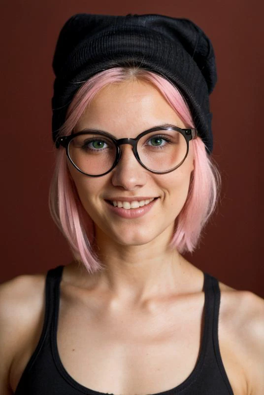 (analog photo) of a beautiful 20-year-old woman with pink hair wearing a (black beanie:1.2) and (wearing a black tanktop:1.2) and (wearing round glasses:1.2), slight smile, natural skin texture, realistic skin texture, (skin pores:0.8), (skin oils:0.6), neutral red background, masterpiece, Fine art photography, award winning photography