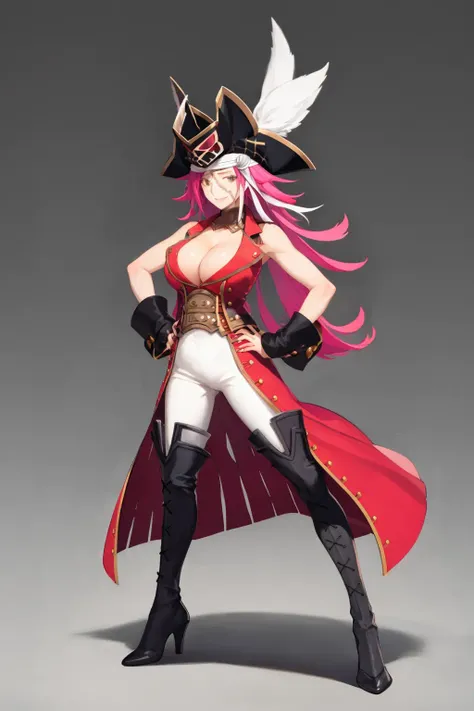 masterpiece, best quality, 1girl, fdstg2, scar, pirate hat, cleavage, large breasts, long hair, pink hair, sleeveless, red coat, smile, white pants, thigh boots, high heels,  hand on hip, full body, grey background <lora:FrancisDrakeFGO:1>