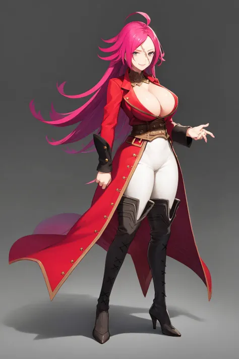 masterpiece, best quality, 1girl, fdstg1, scar, cleavage, large breasts, long hair, pink hair, red coat, smile, white pants, thigh boots, high heels,  hand on hip, full body, grey background <lora:FrancisDrakeFGO:1>