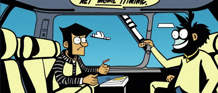 <lora:21InfiniteJourneys:1>the scene of an endless journey: a cartoon picture of two people sitting on a plane
