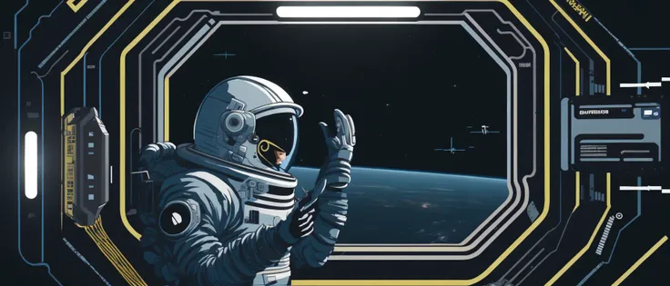 <lora:21InfiniteJourneys:1>the scene of an endless journey: a man in a space suit sitting in a space station