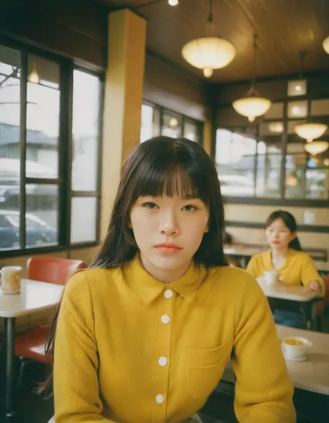 masterpiece of analog film photograph a girl in the cafe,,, taken by Hideaki Hamada using Pentax 67II and Kodak Portra, <lora:closemouth:0.75>,