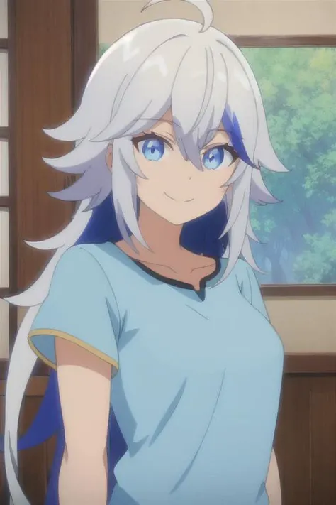 <lora:CainAUV1:.6>, cain, 1girl, white hair, long hair, blue eyes, indoors, scenic, smile, blue_shirt