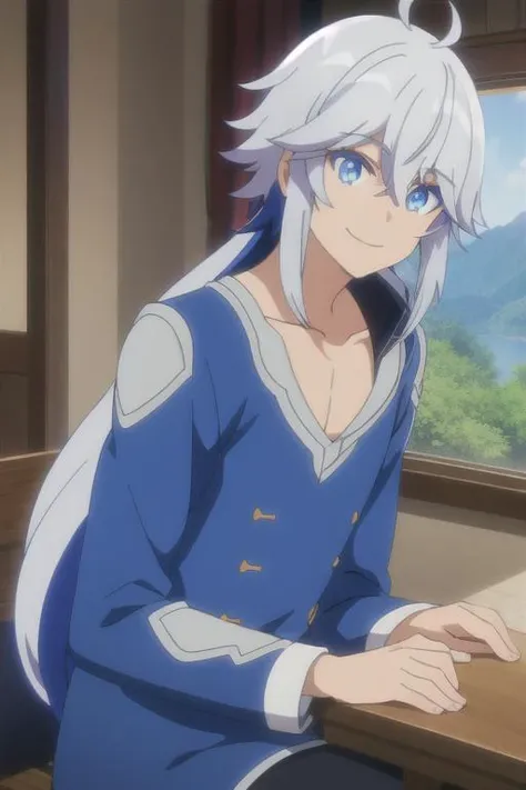 <lora:CainAUV1:.6>, cain, 1boy, white hair, long hair, blue eyes, indoors, scenic, smile,