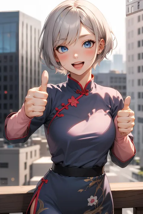 best quality, masterpiece, upper body, 1girl, :d, blue eyes, pixie cut hair, ash gray hair, full bust, (thumbs_up, five finger:1.2), pink cheongsam, city, sunbeam, blurred background