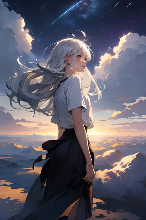 wide view, 1girl, (silver hair), messy bangs, floating hair, big swaying hair, gazing, shining sky, vast world, distant horizon, clouds, high hill, natural beauty, inspiration, night sky, Shining Stars, best quality, masterpiece, (realistic:0.8)