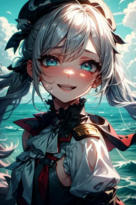 best quality, masterpiece, (realistic:0.8), detailed face, beautiful eyes, (hands behind one's back:1.2), aqua eyes, (round face:1.1), flat face, Moist eyes, shy smile, ash silver hair, Pig tails hair, kancolle, cowboy shot, beret, military uniform, neckerchief, epaulettes, frilled sleeves, white gloves, gray skirt , ocean, clouds <lora:more_details:0.5> <lora:Crazy_girl:0.8>