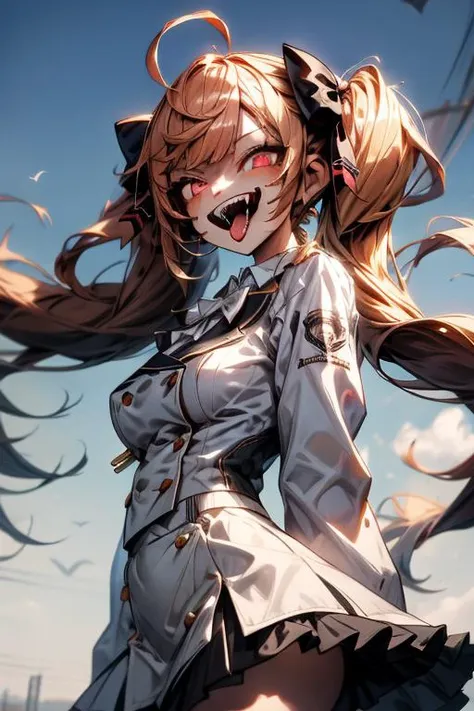 masterpiece, best quality, highres, hmtr, twintails, ahoge, hair bow, red bow, collared shirt, white jacket, white bow, long sleeves, frills, medium breasts, black skirt, white thighhighs, <lora:takamiya_rion_v1:0.7>, standing, cowboy shot, outdoors, arms at sides, straight-on, <lora:more_details:0.5>, <lora:PSYCHOPHONKY:1>1girl, crazy smile, fangs, tongue sticking out