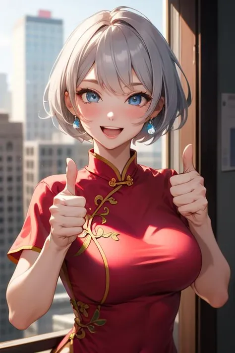 best quality, masterpiece, upper body, 1girl, :d, blue eyes, pixie cut hair, ash gray hair, full bust, (thumbs_up, five finger:1.2), pink cheongsam, city, sunbeam, blurred background