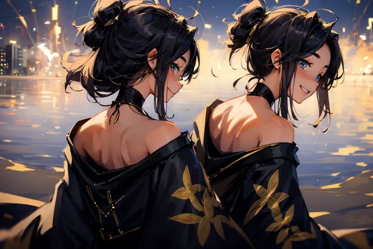 1girl, black gold kimono, from behind, off shoulder, shoulder blades, outdoors, night, fire works, seductive smile, looking at viewer, ponytail, onyx black hair, gold ribbon, best quality, masterpiece, (realistic:0.8), detailed face, beautiful eyes, <lora:OffShoulderKimono:0.9> <lora:Ink_Painting:0.8>, <lora:more_details:0.6>