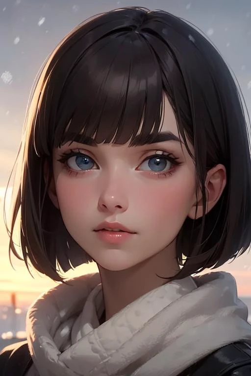 woman, mature female, solo, small round face, (wide eyed:1.1), ambient light:1.2, look at viewer, detailed face, short hair, dark hair, blunt bangs:1.6, bob cut hair, (sharp eyebrows:0.9), (narrow nose:0.5), (enraptured smile:0.55), outdoor, evening, winter, best quality, masterpiece, (realistic:1.2), beautiful eyes,