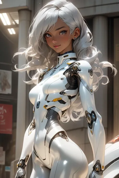 ultra realistic cg, picture-perfect face, flawless, clean, masterpiece, professional artwork, famous artwork, cinematic lighting, cinematic bloom, perfect face, beautiful face, beautiful eyes, ((perfect female body)),(mechanical bodysuit:1.3), ((ash silver hair)), (Curl inside hair extra long:0.9), (tanned skin:1.2), Small breasts, shy smile, ruins <lora:nijiarmor_anime_v2:0.7>